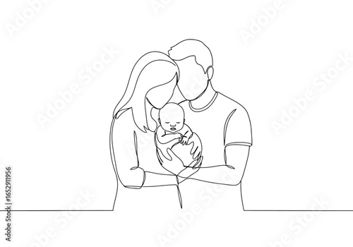 Minimalist continuous line drawing of a family holding a newborn baby
