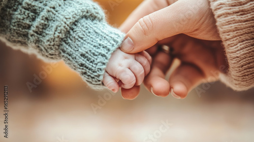 Close up of newborn baby tiny hand grasping adult finger, showcasing bond between parent and child. soft textures of knitted sweater add warmth to this tender moment