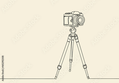 Minimalist line art of a camera on a tripod against a plain background