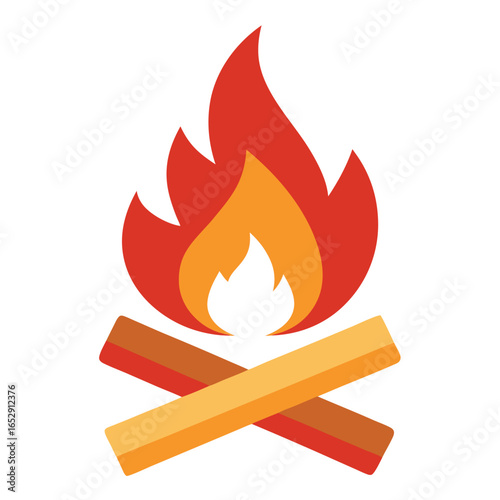 Whimsical illustration of a warm crackling campfire with stacked wooden logs and glowing embers