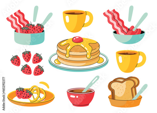 Flat cartoon style illustration of breakfast food items including pancakes strawberries bacon and coffee