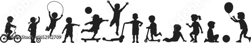 Silhouettes of playful children, kids jumping, running, cycling, skating, playing with toys, balloon, skipping rope, outdoor fun, isolated background