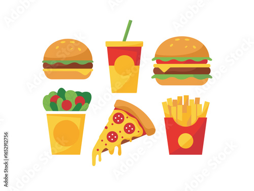 Flat cartoon style illustration of fast food items including burgers fries pizza and salad hamburger