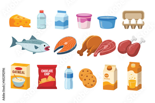 Flat cartoon style illustration of various food items on a white background groceries cheese
