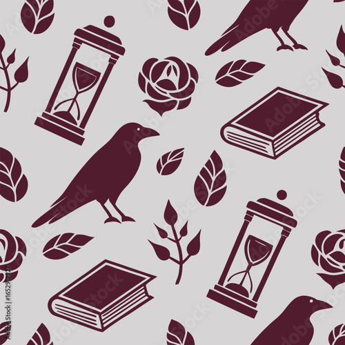 Dark Academia Seamless Pattern with Crows and Roses raven bird
