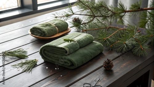Stacked Green Towels With Pine Needles And Pinecones On Wooden Table bath towels hand towels