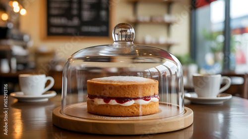 Delightful Victoria Sponge Cake Under Glass Dome on Wooden Table, Coffee Cups in Background, Cafe Ambience