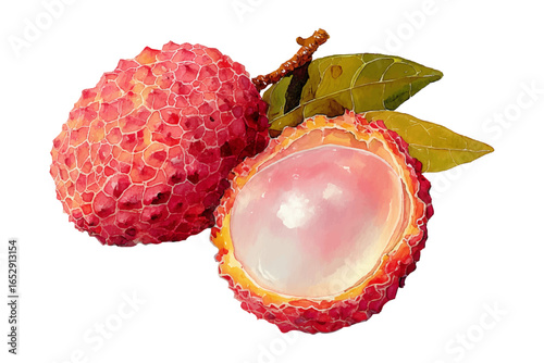 Watercolor illustration of whole and half lychee fruit with leaves, tropical exotic fruit, isolated with transparent background