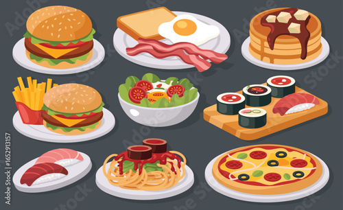 A flat cartoon style illustration of various popular food items burger hamburger