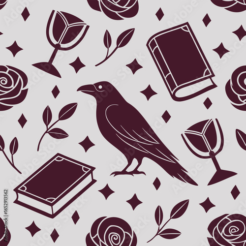 Dark Gothic Seamless Pattern With Raven Book And Rose Motifs crow bird
