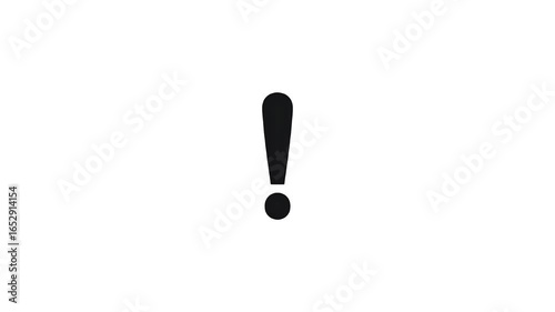 A simple, clean image of a bold black exclamation point symbol Animation against a pure white background.