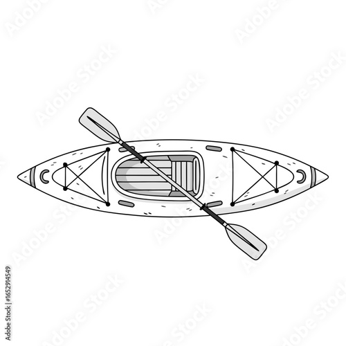Minimalist Kayak Illustration: Top-Down View of Boat and Paddle for Outdoor Adventure Imagery showing an isolated kayak and paddle for watersports