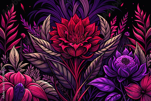 Vibrant floral artwork with a stunning combination of bold reds, purples, and pinks, perfect for modern design projects, evokes feelings of beauty and creative inspiration