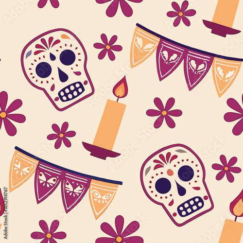 Day of the Dead sugar skull pattern with flowers and candle on light background dia de los muertos