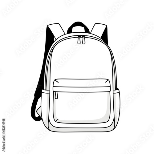Stylized Backpack Illustration: Simple Line Art Depiction of Essential Carryall with Dual Straps and Front Pocket design, isolated on a white backdrop