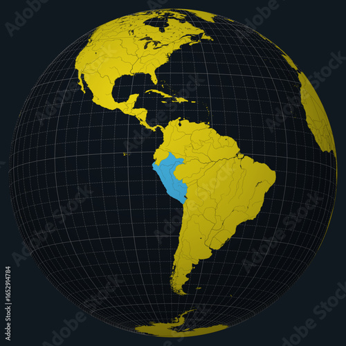 Peru on Globe. Country view on the world map in Charcoal Bright Yellow color palette. Peru shape on map. Globe with meridians, parallels, countries, rivers and lakes. Alive vector illustration.
