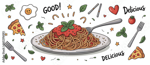 Hand drawn spaghetti with tomato sauce and basil on a plate with pizza slices and a fried egg pasta