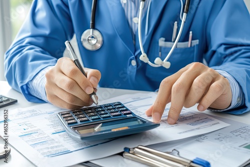 Doctor calculates medical bills with pen and calculator, wearing blue coat and stethoscope.