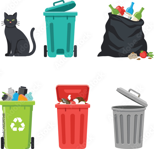 Black cat with green eyes sitting beside multiple trash and recycling bins, garbage bags and containers for waste management environmental concept