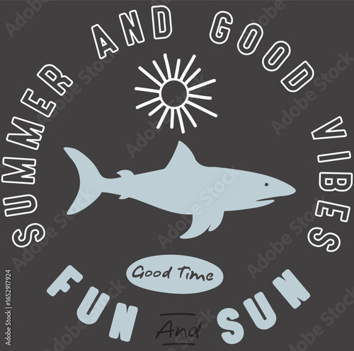 
Summer and good vibes, Summer time. Beach vibes for, poster, sticker. Summer good vibes. Shark t shirt graphics design, typography slogan on black background. Ocean fish vector design. Shark fins.