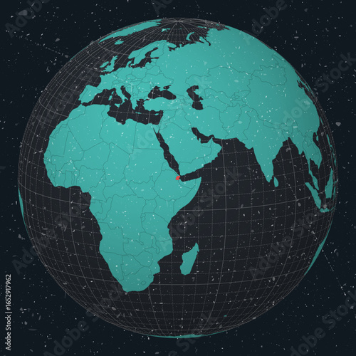 Djibouti on Globe. Vintage look with grunge scratched texture. Country view on world map in Dark Charcoal Turquoise color palette. Djibouti shape on map. Globe with meridians and parallels.