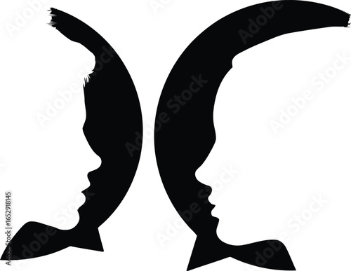 Two mirrored face profiles in black and white creating an optical illusion of a vase or a chalice shape