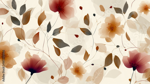 Floral seamless pattern with spring flowers, leaves, and soft beige background, elegant style
