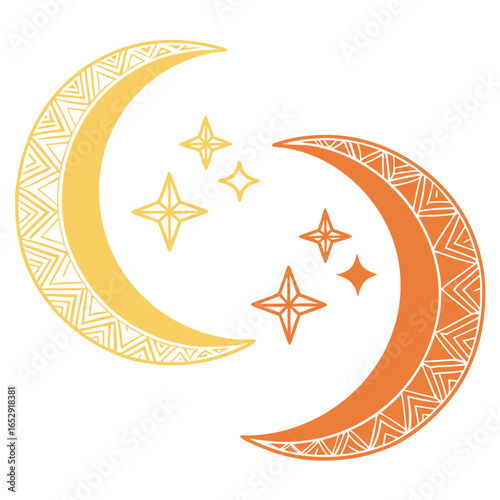 Decorative Celestial Crescent Moons and Stars with Intricate Patterns