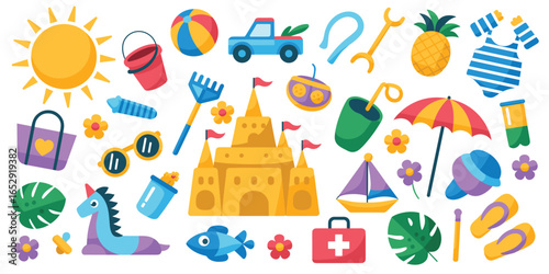 Vibrant Flat Cartoon Beach Summer Vacation Objects Collection sandcastle