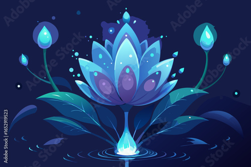 Stunning blue lotus flower radiating mystical energy, a captivating aquatic scene with glowing water droplets, perfect for serene designs, inspired by nature's ethereal beauty