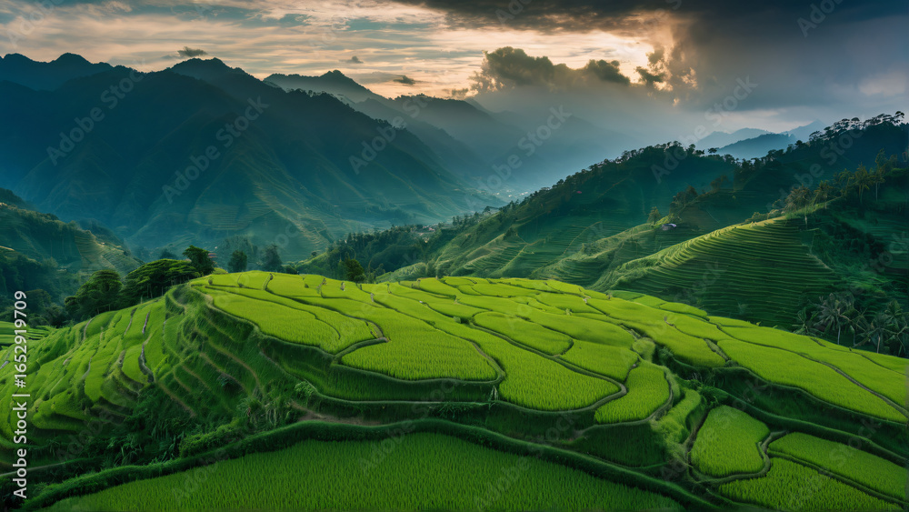 Fototapeta premium Green rice terraces with morning mist, traditional agriculture concept