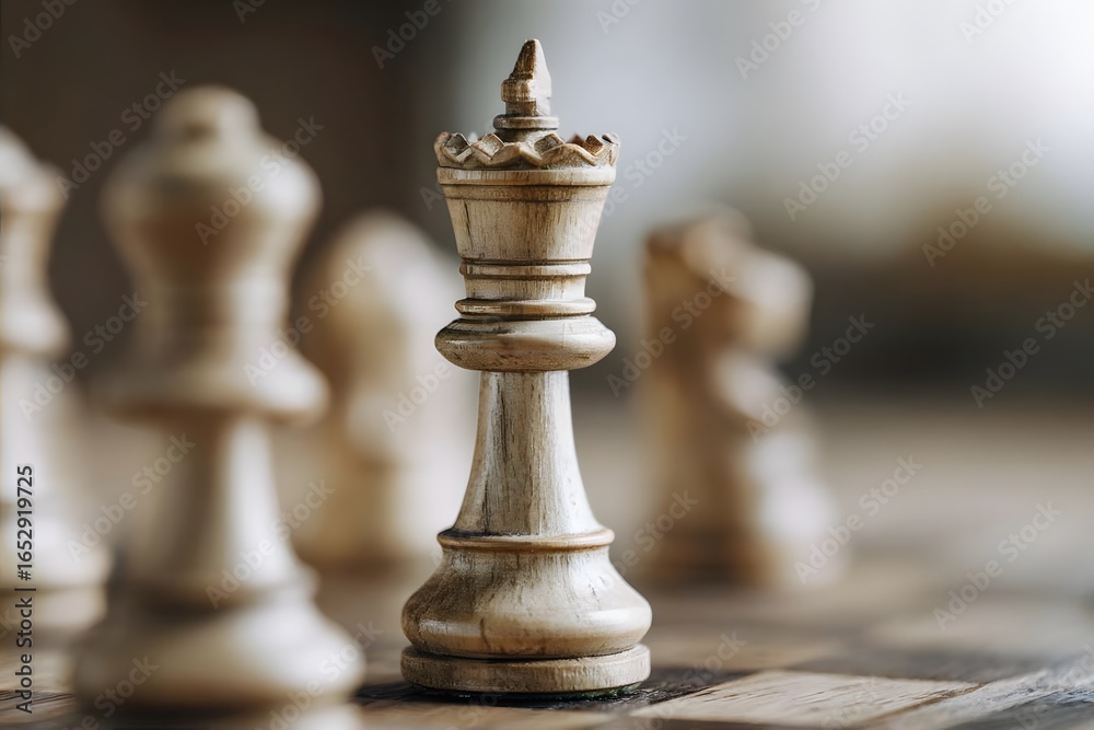 Fototapeta premium King chess piece stands on a blurred board with soft lighting.