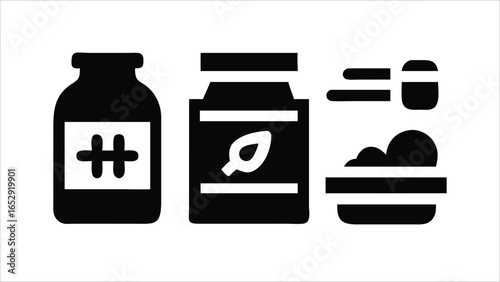 Product Packaging Icons with Jar, Capsule and Label EPS Vector