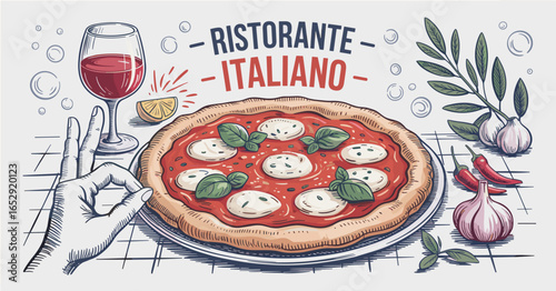 Hand making ok gesture with pizza glass of wine and ingredients italian food ok sign
