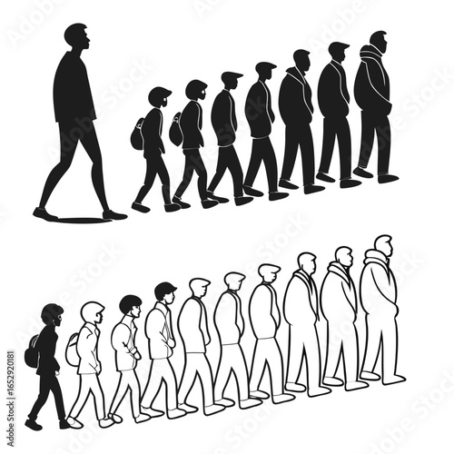 Diverse group of people walking in a line showcasing progression and unity