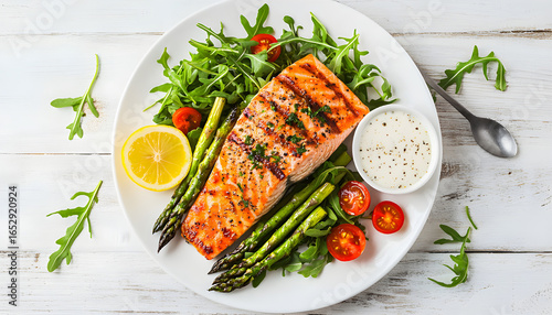 Baked salmon garnished with asparagus and tomatoes with herbs.Top view