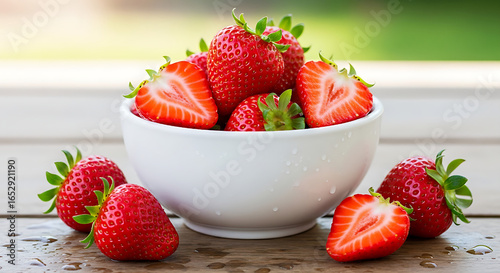 A bowl of fresh strawberries on a wooden surface outside