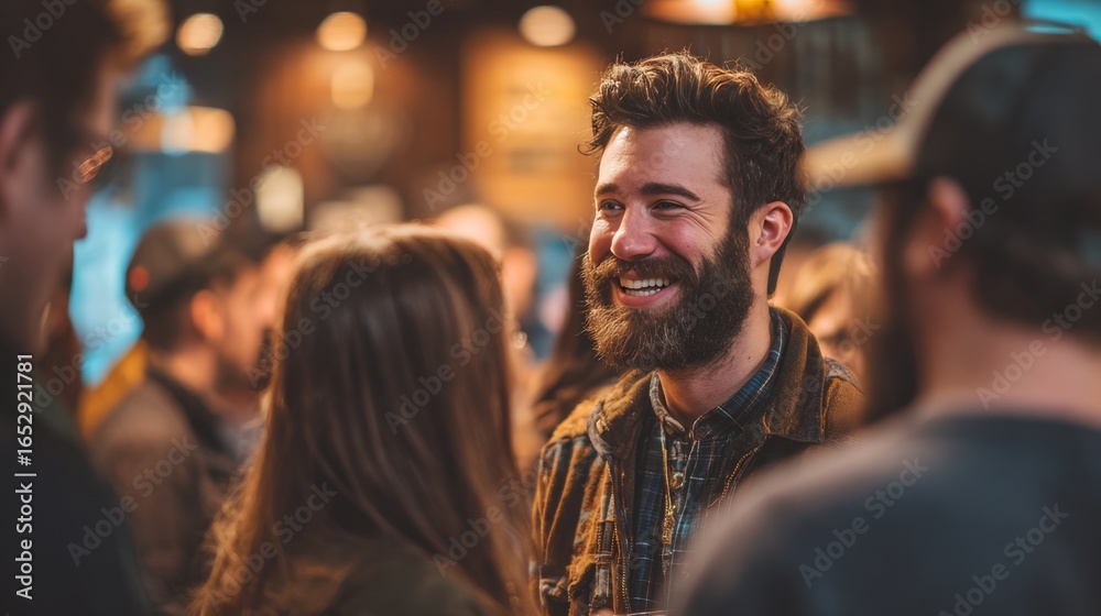 Fototapeta premium Happy Group Engaged in Friendly Conversation Inside Cozy Venue with Soft Golden Lights