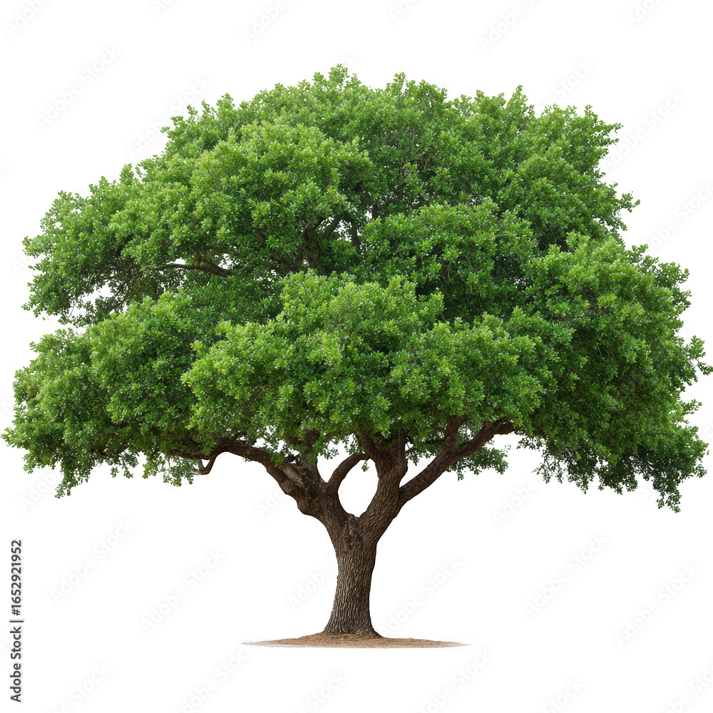 Obraz premium Majestic Oak Tree with Lush Green Foliage in Bright Sunlight Against Clear Background