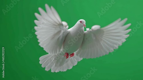 White dove flying with open wings on green screen background, perfect for chroma key projects, video editing, peace concepts, and creative stock footage use on Adobe Stock.