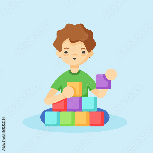 Child Playing with Colorful Building Blocks