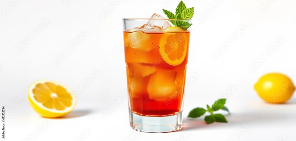 Fototapeta premium A vibrant Long Island Iced Tea cocktail in a rocks glass, isolated on white background, pub, isolated
