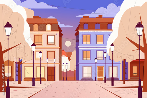 Charming town street scene with vintage buildings and streetlights, perfect for travel blogs and urban design projects, evoking a sense of nostalgia and architectural beauty