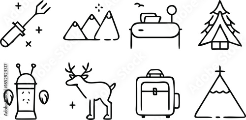 Nature And Camping Icons With Tent Mountains Deer And Tree vector illustration