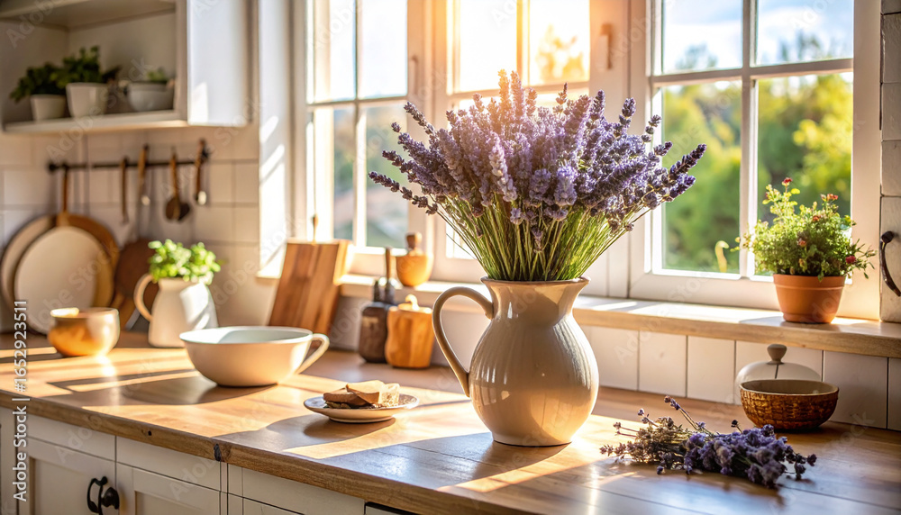 custom made wallpaper toronto digitalBright, sunny kitchen scene with lavender flowers, pottery, and natural light casting shadows across the countertop.