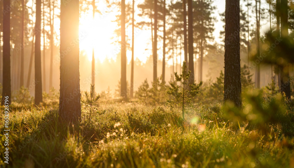 Obraz premium Golden hour in a pine forest, creating a mystical, serene, magical, tranquil, and peaceful scene