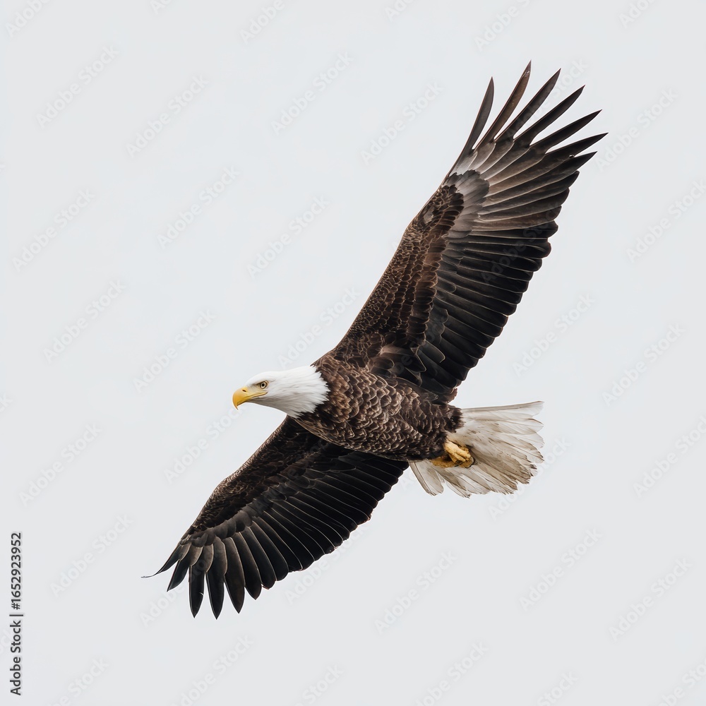 Obraz premium A majestic bald eagle soaring through the sky with its wings spread wide. The eagle's head and tail feathers gleam brightly in the sunlight. 
