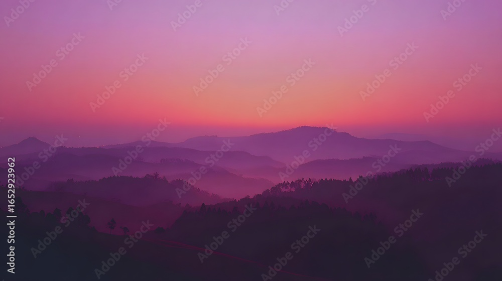 Fototapeta premium A serene vista of layered hills bathed in the vibrant hues of a tranquil sunrise.