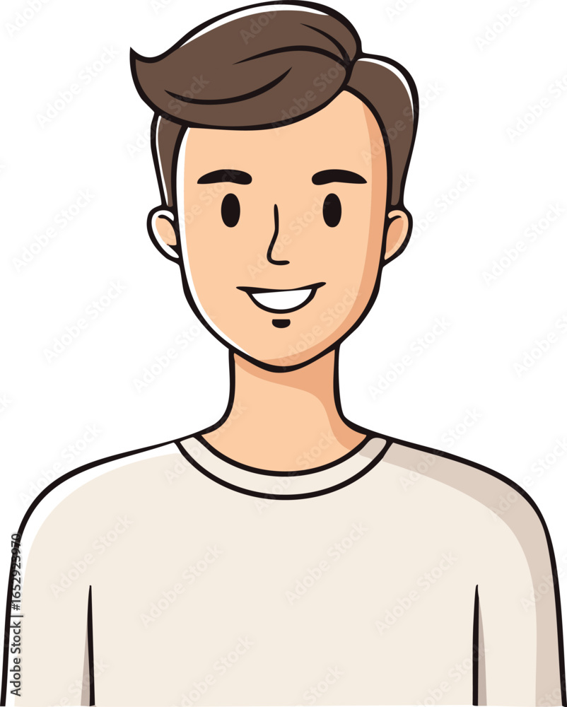 Smiling young man with short brown hair, wearing a light beige crew-neck shirt. Smiling young man with short brown hair, wearing a light beige crew-neck shirt.