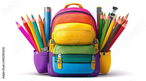 Backpack and pencils stand ready for school. Represents education, knowledge, creativity. Useful for design, marketing, and web use.